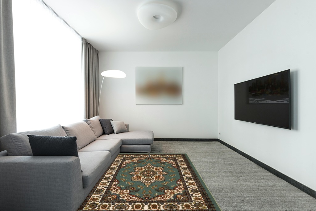 Antep Rugs Alfombras Oriental Traditional 5x7 Non-Skid (Non-Slip) Low Profile Pile Rubber Backing Indoor Area Rugs (Green, 5' x 7') in Modern Living Room with Grey Couch