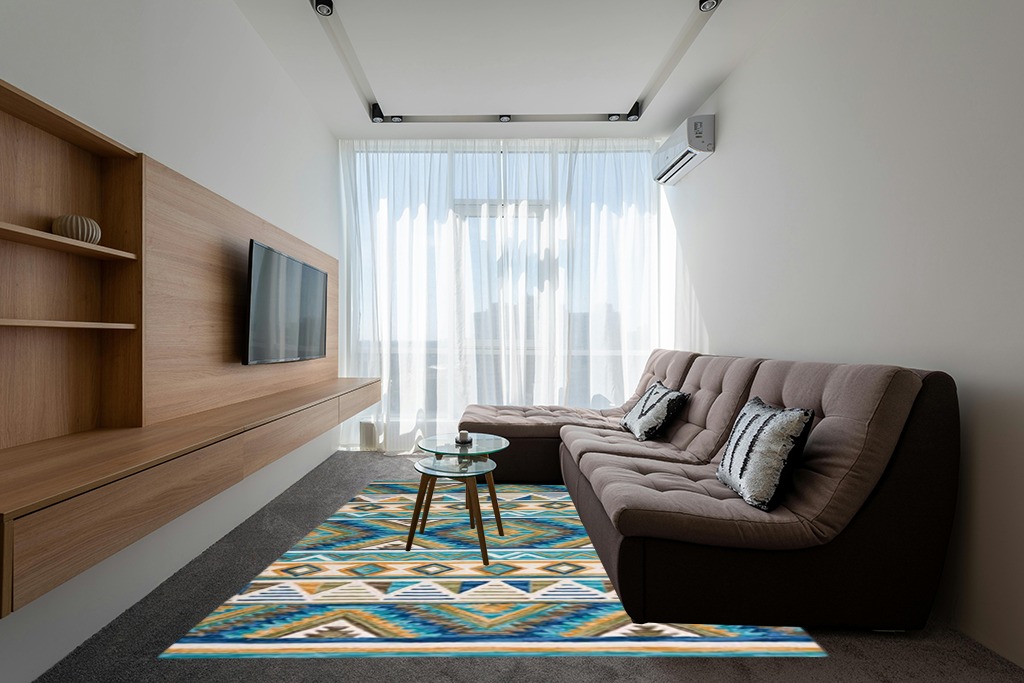 SAFAVIEH Aspen Collection Area Rug - 8' x 10', Blue & Yellow, Handmade Boho Wool, Ideal for High Traffic Areas in Living Room, Bedroom (APN352M) in Grey Living Room with Brown Couch