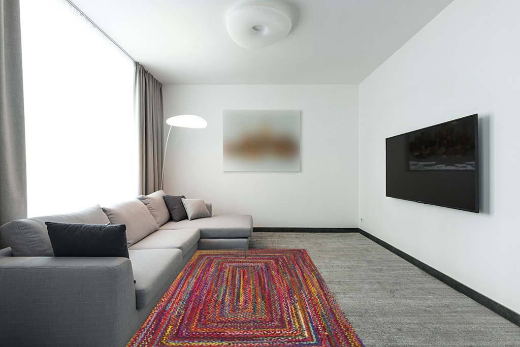SAFAVIEH Braided Collection Area Rug - 5' x 8', Red & Multi, Handmade Boho Reversible Cotton, Ideal for High Traffic Areas in Living Room, Bedroom (BRD210A) in Modern Living Room with Grey Couch
