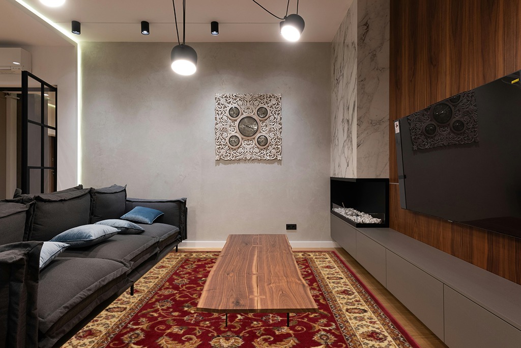 Home Dynamix Royalty Elati Traditional Area Rug 7'8"x10'4", Oriental Red/Ivory in Dark Wood Living Room with Black Couch