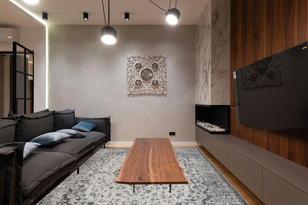 SAFAVIEH Courtyard Collection 8' x 10' Black / Grey CY8720 Indoor/ Outdoor Waterproof Easy Cleaning Patio Backyard Mudroom Area Rug in Dark Wood Living Room with Black Couch