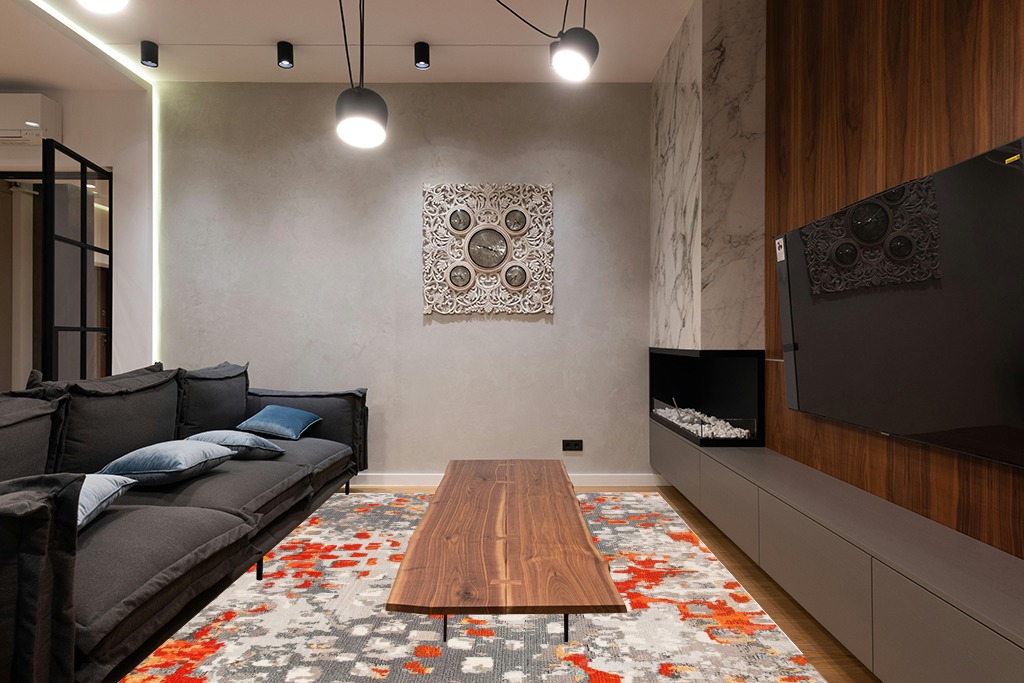 ‎Grey/Orange ‎Contemporary  ‎Living Room ‎Area Rug in Dark Wood Living Room with Black Couch