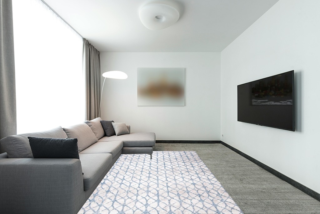 SAFAVIEH Amelia Collection Area Rug - 6' x 9', Grey & Blue, Geometric Design, Non-Shedding & Easy Care, Ideal for High Traffic Areas in Living Room, Bedroom (ALA792F) in Modern Living Room with Grey Couch