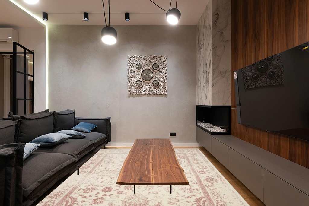 SAFAVIEH Adirondack Collection Area Rug - 8' x 10', Ivory & Rose, Oriental Distressed Design, Non-Shedding & Easy Care, Ideal for High Traffic Areas in Living Room, Bedroom (ADR109H) in Dark Wood Living Room with Black Couch