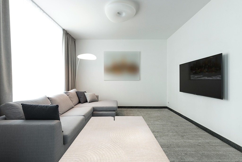 JONATHAN Y SCN100B-5 Skagen Minimalist Curve Geometric Indoor Area Rug, Modern, Contemporary, Coastal, Geometric, Bohemian, Bedroom, Kitchen, Living Room, Non Shedding, Ivory/Cream, 5' x 8' in Modern Living Room with Grey Couch