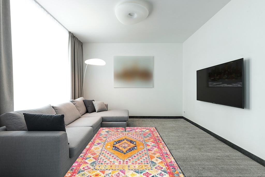 OJIA Washable Area Rug 5'X8', Non-Slip Living Room Rugs, Ultra-Thin Bedroom Rug Soft Accent Rugs, Retro Floral Print Floor Carpet Pink Rugs for Dining Room/Kitchen/Playroom/Farmhouse/Home Decor in Modern Living Room with Grey Couch