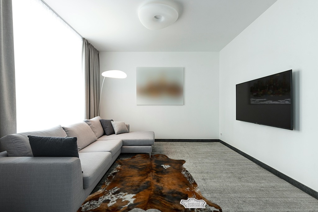 Appaloosa Cowhides Natural Cowhide Rug - Tricolor Cowhide Area Rug for Bedroom & Living Room - Luxury Cowhides Modern Accent Rug - Genuine Leather with Real Animal Fur, Medium, 5 x 7 Feet in Modern Living Room with Grey Couch