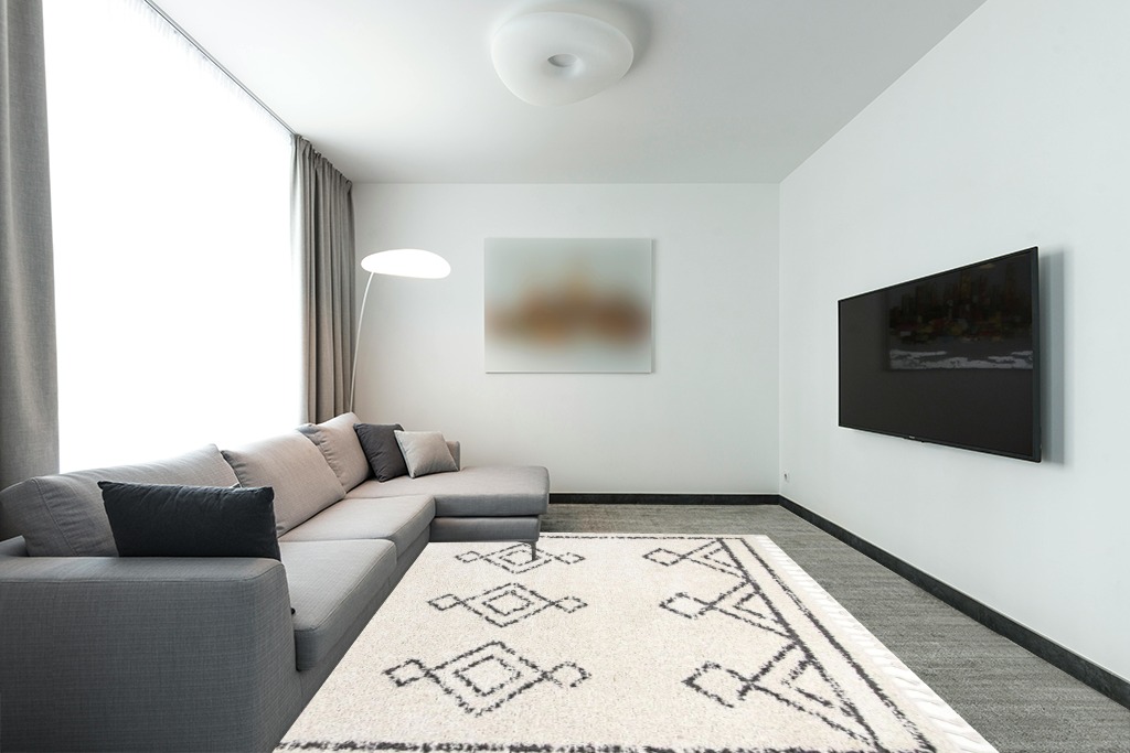 nuLOOM Mackie Moroccan Tasseled Shag Area Rug, 8x10, Off-white in Modern Living Room with Grey Couch
