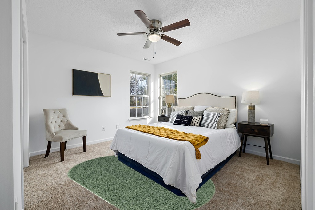 5x8 Oval Green fluffy rug in White and Yellow Modern Bedroom