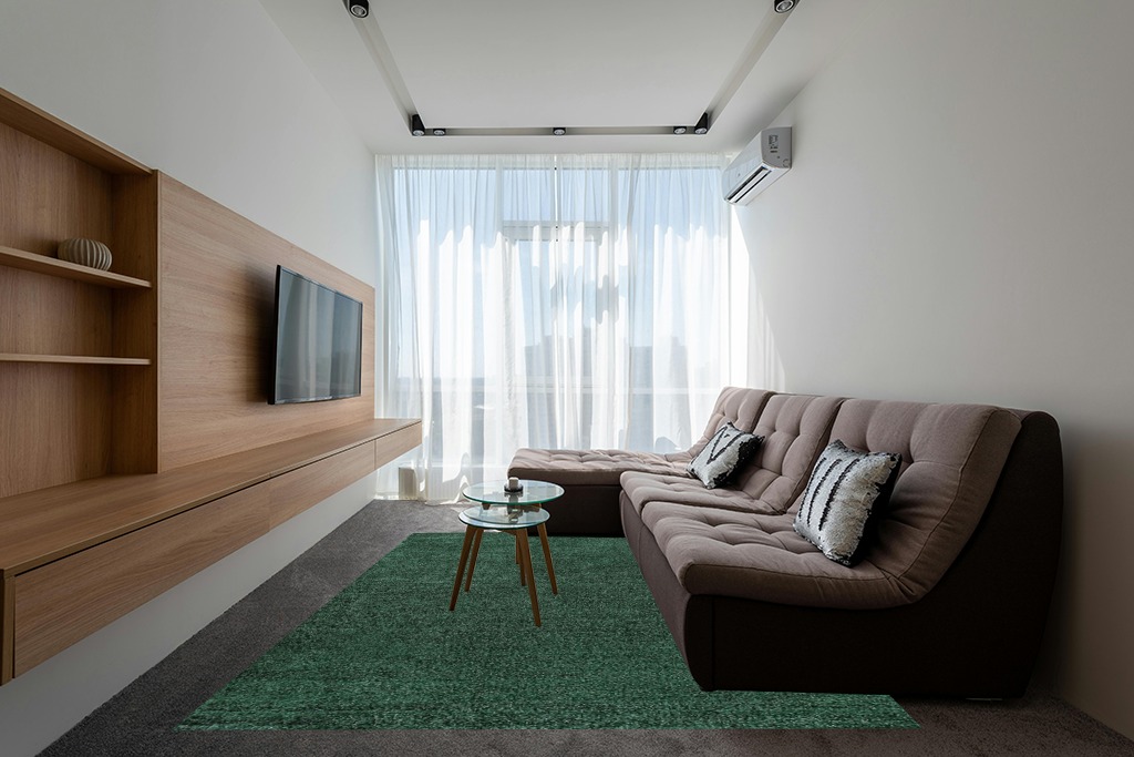 JONATHAN Y SEU100L-8 Haze Solid Low-Pile Indoor Area-Rug Casual Contemporary Solid Traditional Easy-Cleaning Bedroom Kitchen Living Room Non Shedding, 8 ft x 10 ft, Emerald in Grey Living Room with Brown Couch