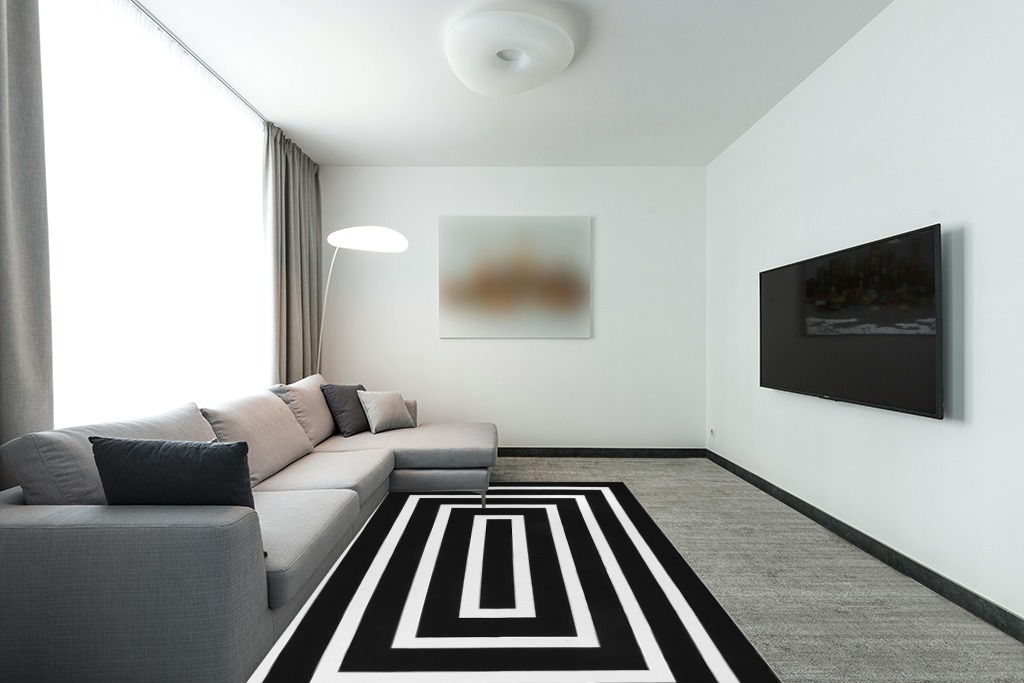 Lanffia Black and White Area Rug 6x9ft Contrasting Geometric Modern Stripe Symmetrical Indoor Outdoor Rug Machine Washable Extra Large Rugs Woven Cotton Floor Carpet for Living Room/Balcony/Backyard in Modern Living Room with Grey Couch