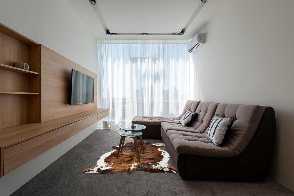 HIDES BAZAAR Brown Brindle Cowhide Rug, Premium Quality Genuine Leather Cow Hide, Brown, Black and White Area Rug (5x7 ft) in Grey Living Room with Brown Couch