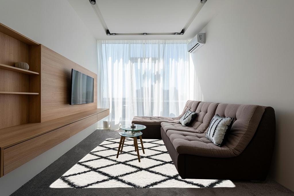 L'Baiet Halle White Black Geometric Diamond Pattern Modern Soft Shag Indoor 8' x 10' Area Rug in Grey Living Room with Brown Couch