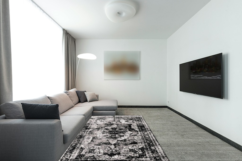 Unique Loom Sofia Collection Area Rug - Salle Garnier (5' 3" x 8' Rectangle, Black/ Ivory) in Modern Living Room with Grey Couch