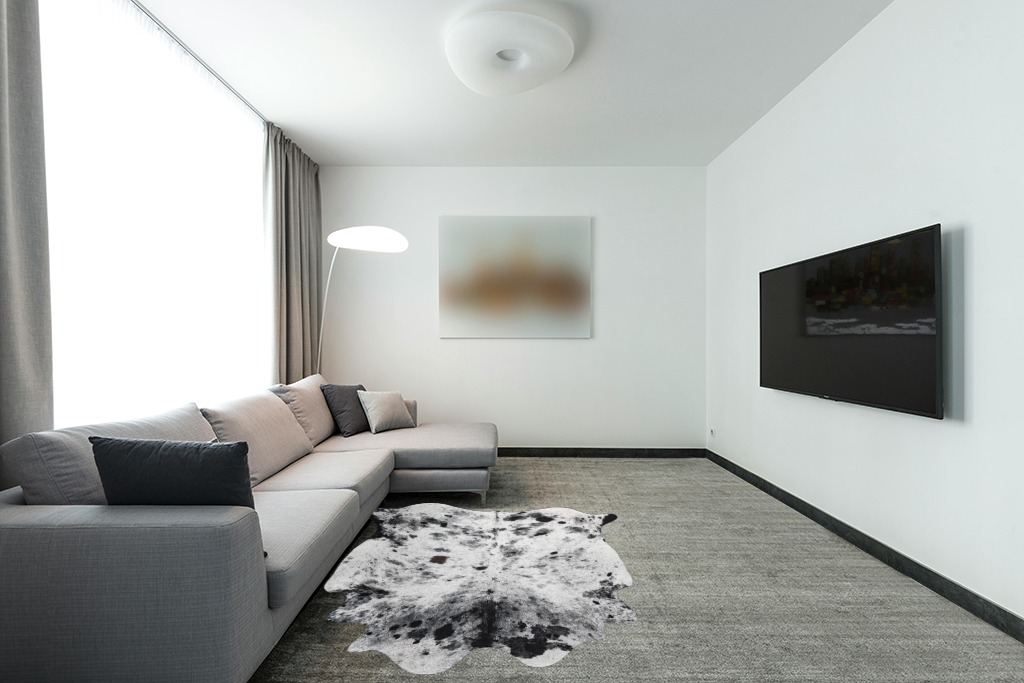 NEOCOZY Exquisite Cowhide Rug, 5.2 x 6.2 ft Faux Cowhide Rug for Living Room Bedroom, Cow Print Rug for Wall,Cow Rugs for Camping picnics, Non-Slip, Cute cowhine Animal Print Floor Rug, Grey White in Modern Living Room with Grey Couch