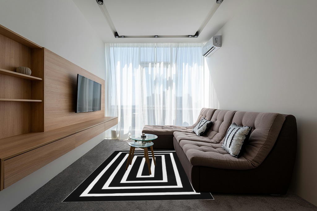Lanffia Black and White Area Rug 6x9ft Contrasting Geometric Modern Stripe Symmetrical Indoor Outdoor Rug Machine Washable Extra Large Rugs Woven Cotton Floor Carpet for Living Room/Balcony/Backyard in Grey Living Room with Brown Couch