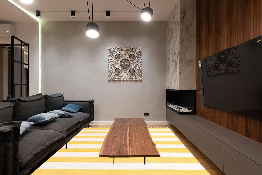 Unique Loom Chindi Rag Collection Area Rug - Striped (9' x 12' 2" Rectangle, Yellow and Ivory) in Dark Wood Living Room with Black Couch
