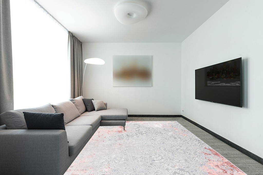 SAFAVIEH Meadow Collection Area Rug - 9' x 12', Light Grey & Pink, Modern Abstract Design, Non-Shedding & Easy Care, Ideal for High Traffic Areas in Living Room, Bedroom (MDW573G) in Modern Living Room with Grey Couch