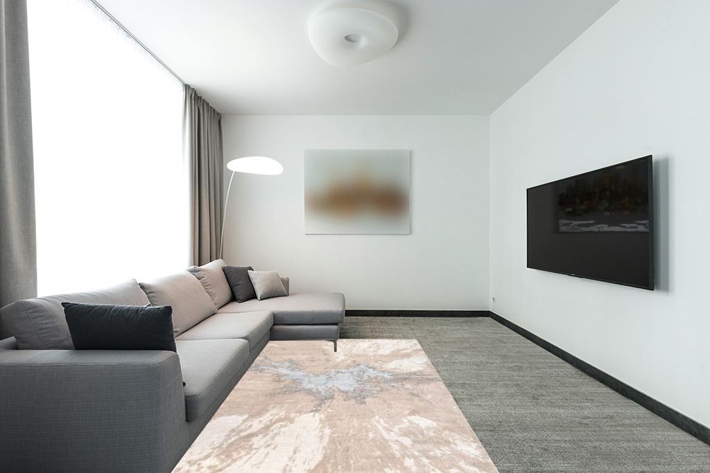 nuLOOM Cyn Contemporary Abstract Area Rug, 5x8, Beige in Modern Living Room with Grey Couch