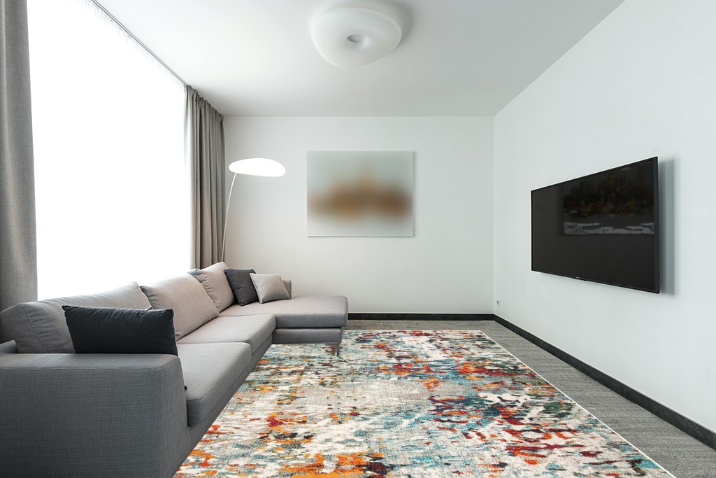 SAFAVIEH Madison Collection Area Rug - 9' x 12', Grey & Blue, Modern Abstract Design, Non-Shedding & Easy Care, Ideal for High Traffic Areas in Living Room, Bedroom (MAD471F) in Modern Living Room with Grey Couch