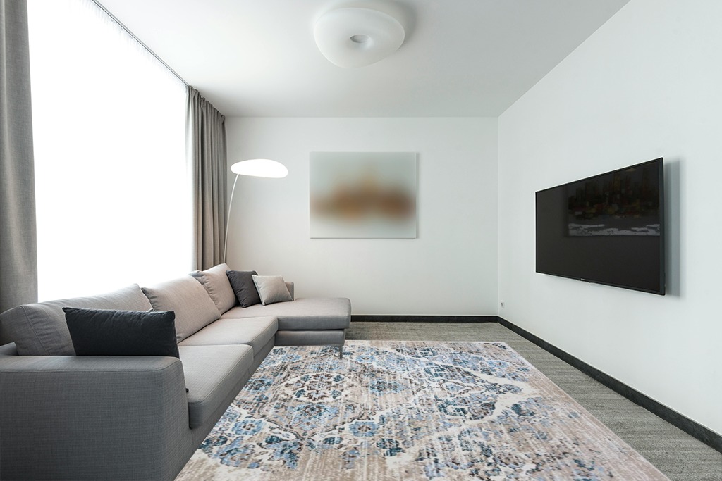Cream Modern Stain Resistant, Durable, Fade Resistant Area Rug in Modern Living Room with Grey Couch