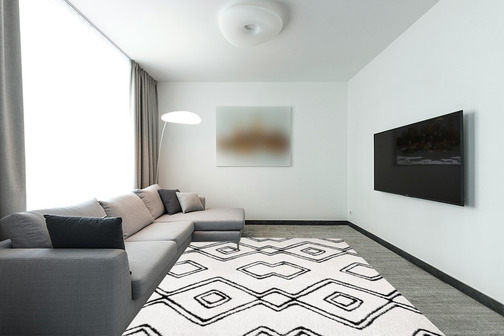 JONATHAN Y MOH401A-8 Deia Moroccan Style Diamond Shag Indoor Area-Rug Bohemian Geometric Easy-Cleaning Bedroom Kitchen Living Room Non Shedding, 8 X 10, White/Black in Modern Living Room with Grey Couch