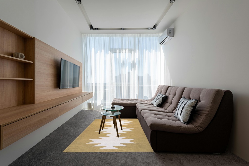 JONATHAN Y WSH110B-5 Chayton Minimalist Geometric Machine-Washable Indoor Area-Rug, Bohemian Southwestern Modern Easy-Cleaning,Bedroom,Kitchen,Living-Room,Non Shedding, Light-Green/Ivory, 5 X 8 in Grey Living Room with Brown Couch