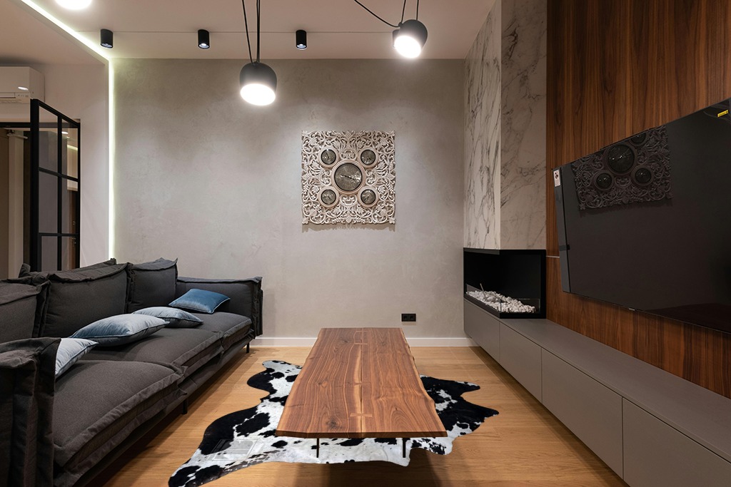 bonanza leathers Genuine Cowhide Rug Black and White Size S/L/XL 5X6/6X7/7X8 FT (L) in Dark Wood Living Room with Black Couch