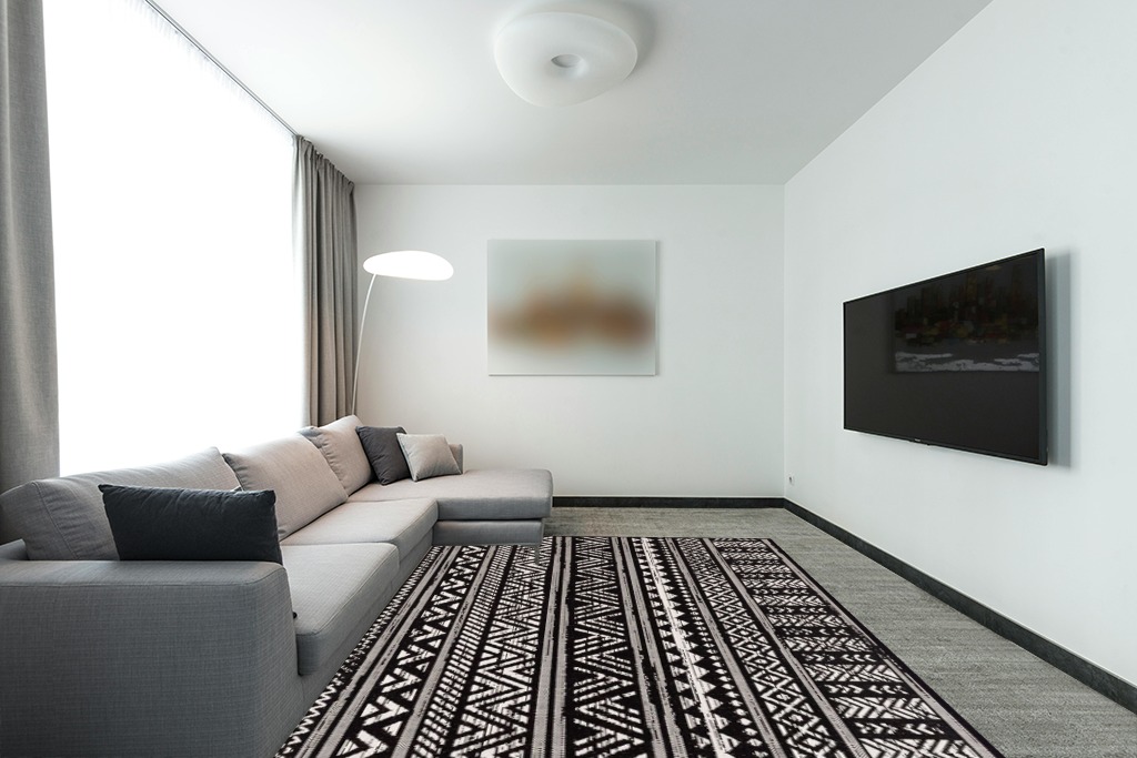 HOMEGNOME Indoor Outdoor Distressed Bohemian Area Rug (8'x10', Black) in Modern Living Room with Grey Couch