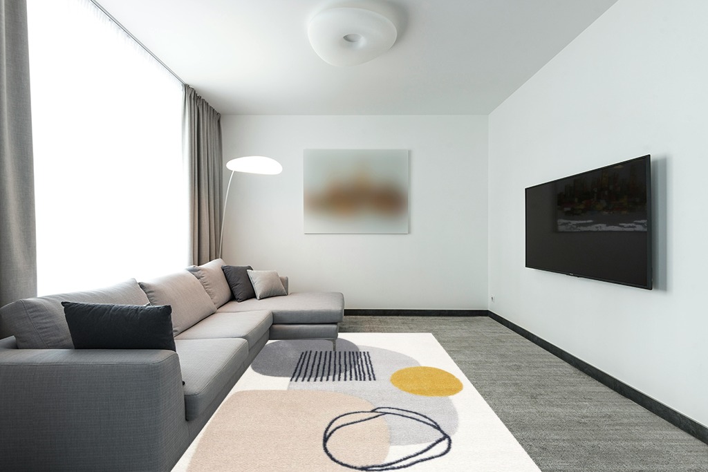 Abani Rugs Cream and Gray 6 ft. X 9 ft. Mid-Century Rug with Circles and Lines. Neutral Tones of Cream, Gray and a pop of Yellow. Minimalistic Design Turkish Stain Resistant Area Rug. in Modern Living Room with Grey Couch