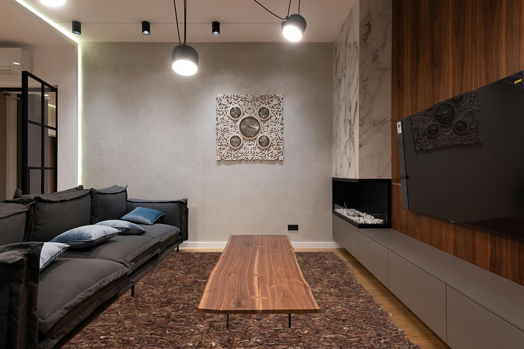 SAFAVIEH Leather Shag Collection Area Rug - 8' x 10', Saddle, Hand-Knotted Modern Leather, Ideal for High Traffic Areas in Living Room, Bedroom (LSG511B) in Dark Wood Living Room with Black Couch