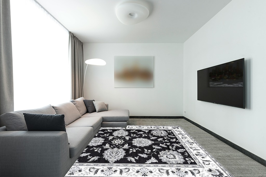 JONATHAN Y MDP505D-8 Cherie French Cottage 8 ft. x 10 ft. Area Rug, Vintage, Bohemian, Transitional, Traditional, Office, Living Room, Family Room, Dining Room, Bedroom, Black/Cream in Modern Living Room with Grey Couch