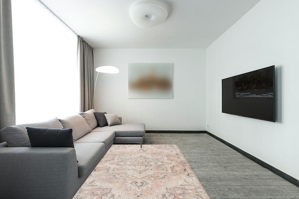 Becki Owens x Surya Elle Medallion Area Rug , 5'3" x 7', Taupe in Modern Living Room with Grey Couch