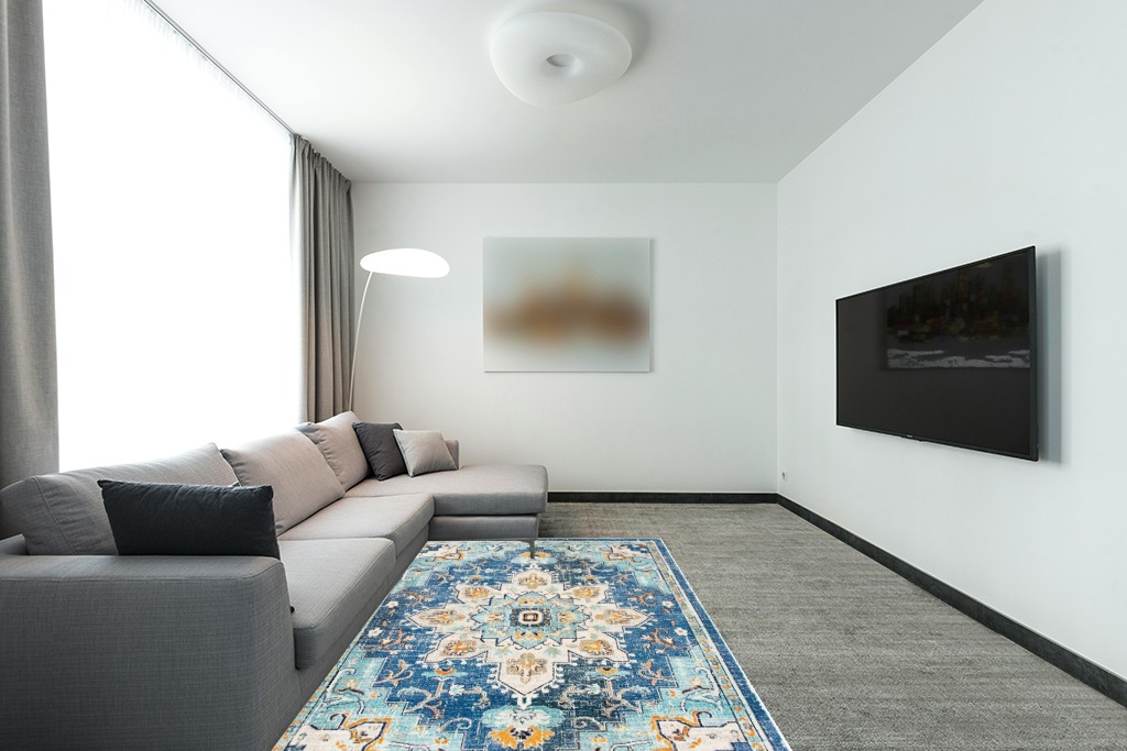 SAFAVIEH Madison Collection Area Rug - 5'3" x 7'6", Blue & Light Blue, Boho Chic Medallion Distressed Design, Non-Shedding & Easy Care, Ideal for High Traffic Areas in Living Room, Bedroom (MAD473M) in Modern Living Room with Grey Couch