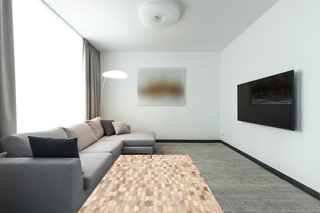 eCarpet Gallery Hand-Knotted | Area Rug for Living Room, Bedroom | Cowhide Patchwork Accent Grey Rug 5'1" x 7'4" | 350190 in Modern Living Room with Grey Couch
