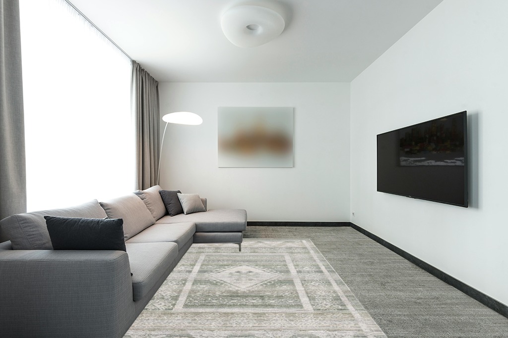 SAFAVIEH Marquee Collection Area Rug - 6' x 9', Green & Sage, Handmade, Ideal for High Traffic Areas in Living Room, Bedroom, Dining (MRQ108Y-6) in Modern Living Room with Grey Couch
