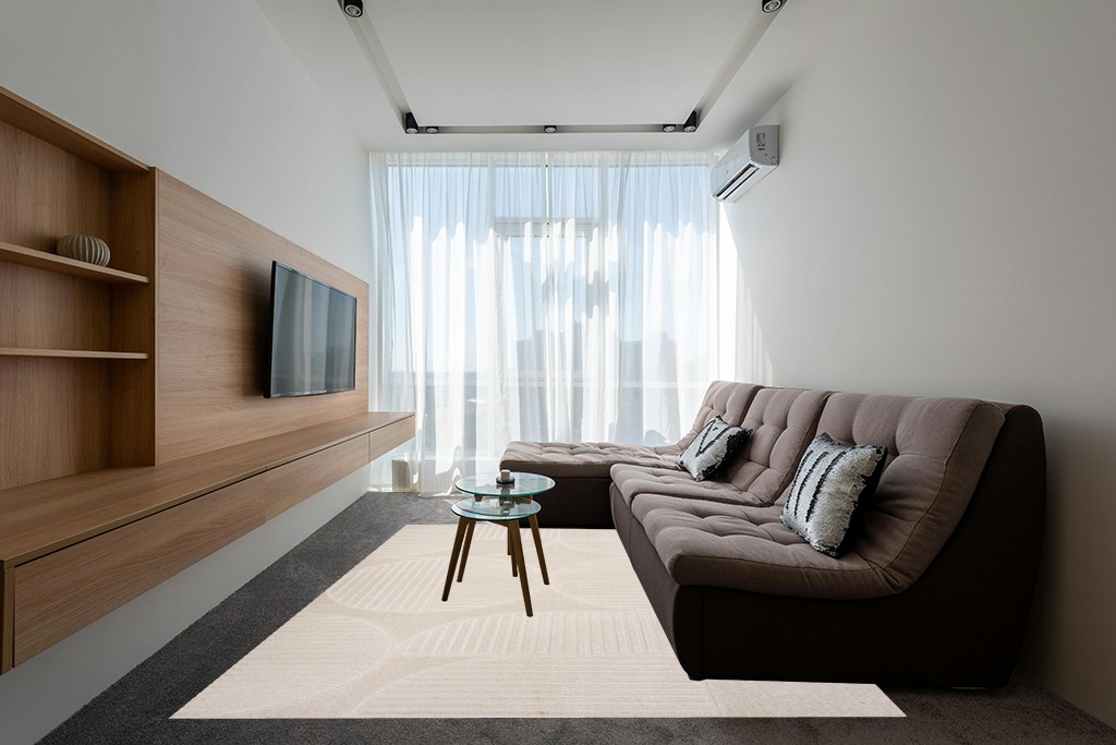 JONATHAN Y SCN104B-8 Nordby Geometric Arch Scandi Striped Indoor Area Rug, Modern, Contemporary, Coastal, Geometric, Bohemian, Bedroom, Kitchen, Living Room, Non Shedding, Ivory/Cream, 8' x 10' in Grey Living Room with Brown Couch