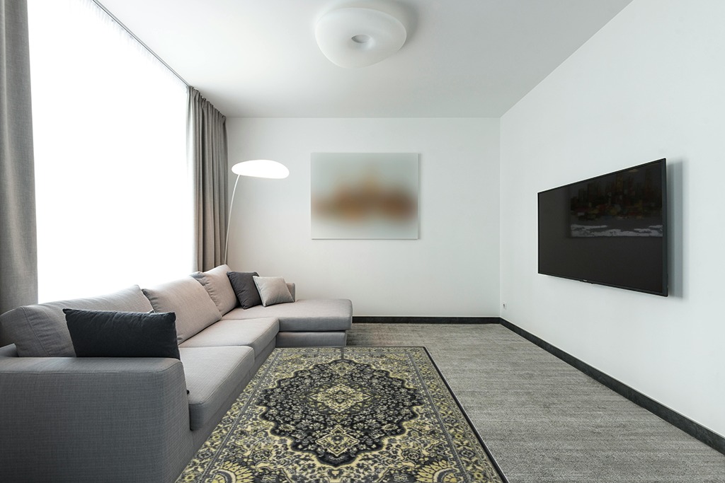 GlowSol Area Rugs 5x8 Persian Vintage Area Rug Large Bedroom Rug Non-Slip Traditional Living Room Rug, Non-Shedding Distressed Medallion Dining Mat Indoor Carpet for Office Entry, Gray 5x8 in Modern Living Room with Grey Couch