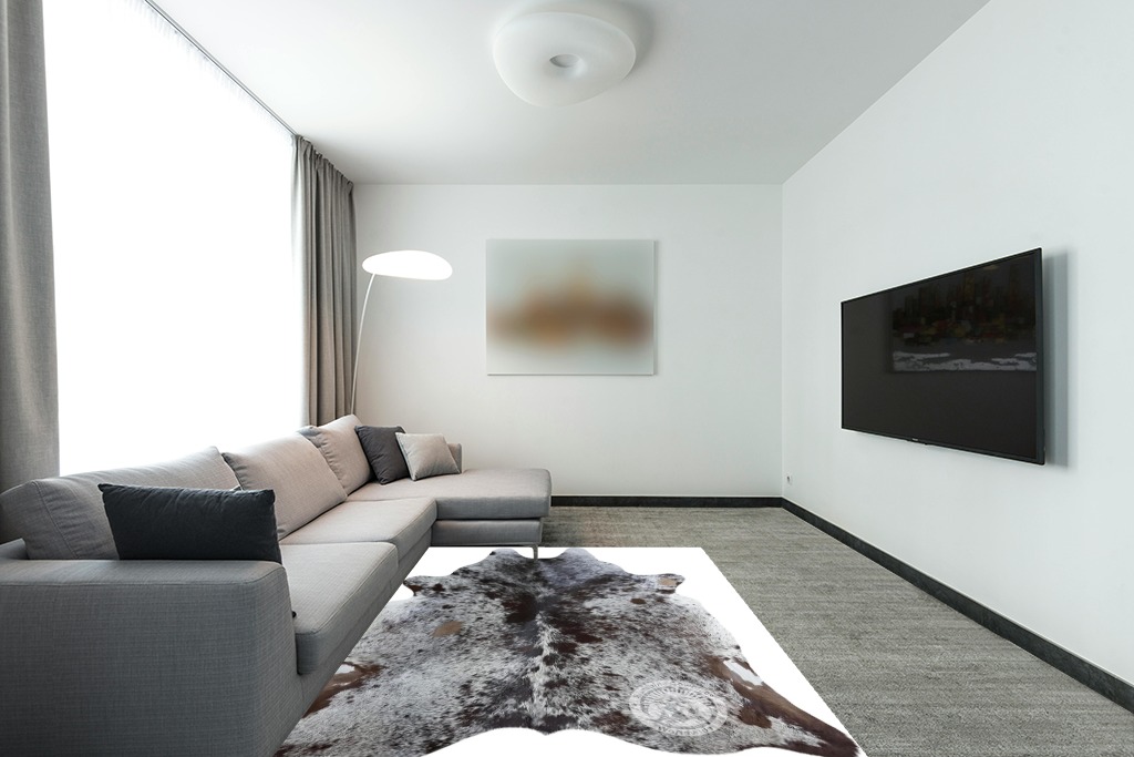 Sunshine Cowhides Genuine Salt and Pepper Longhorn Tricolor Cowhide Rug - Luxurious Cow Rug for Bedroom, Living Room, and Home Decor Enthusiasts - Stylish Masterpiece - 6x7ft (180x210cm) in Modern Living Room with Grey Couch
