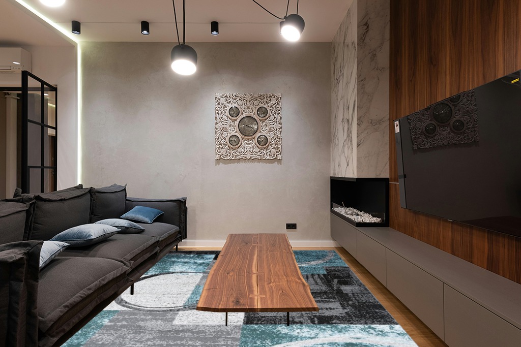 Rugshop Contemporary Abstract Circle Design Soft Area Rug 7'10" x 10'2" Gray in Dark Wood Living Room with Black Couch