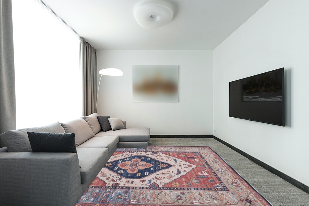 SAFAVIEH Tucson Collection Area Rug - 8' x 10', Rust & Blue, Traditional Persian Design, Non-Shedding Machine Washable & Slip Resistant Ideal for High Traffic Areas in Living Room, Bedroom (TSN153P) in Modern Living Room with Grey Couch