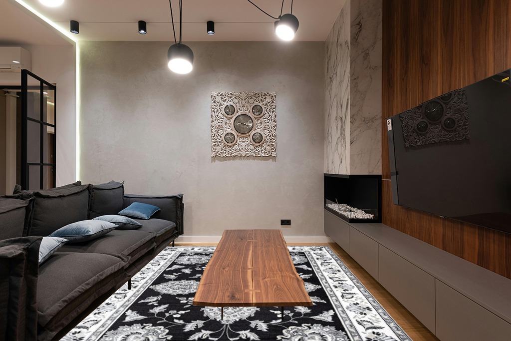 JONATHAN Y MDP505D-8 Cherie French Cottage 8 ft. x 10 ft. Area Rug, Vintage, Bohemian, Transitional, Traditional, Office, Living Room, Family Room, Dining Room, Bedroom, Black/Cream in Dark Wood Living Room with Black Couch