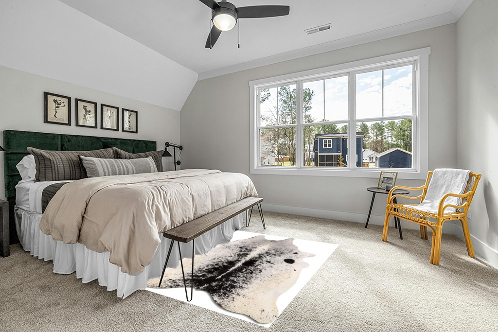 Cowhide Area Rug in Grey Traditional Bedroom with King Bed