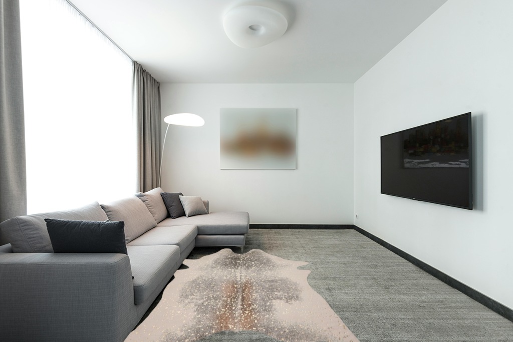 Loloi II Bryce Collection BZ-07 Pewter/Gold, Contemporary 5' x 6'-6" Area Rug in Modern Living Room with Grey Couch