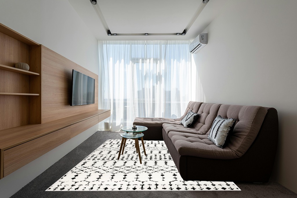 Flash Furniture Beth Geometric Bohemian Low Pile Rug - 8' x 10' - Ivory/Black in Grey Living Room with Brown Couch