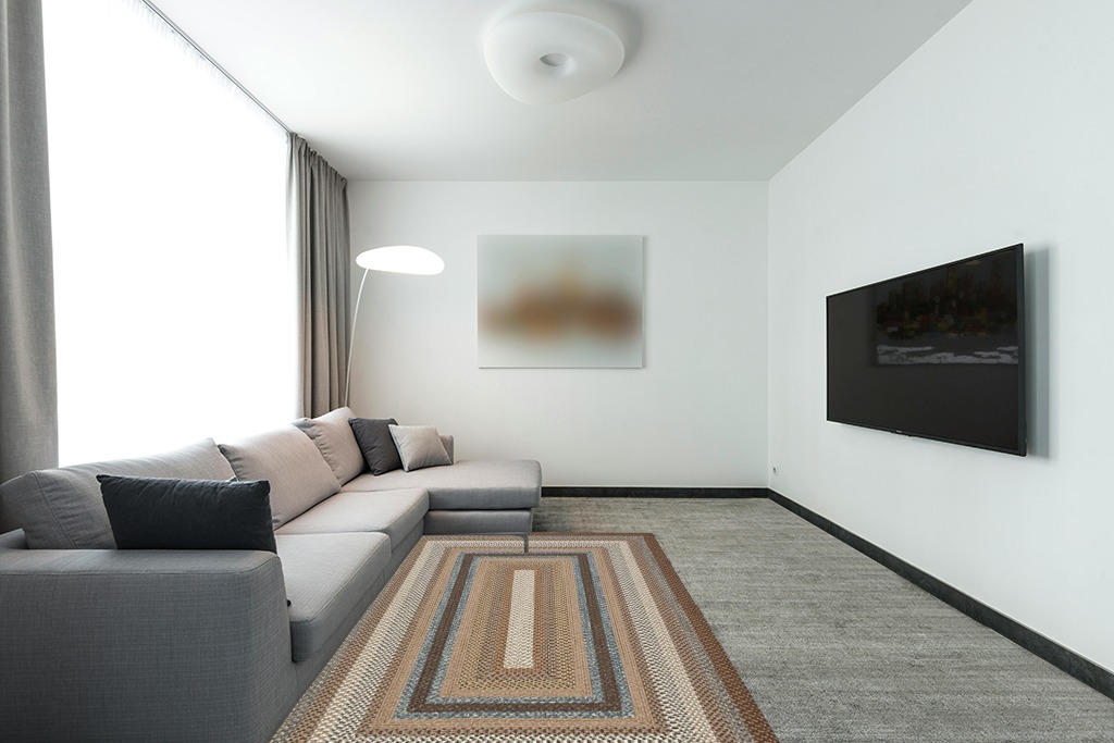SAFAVIEH Braided Collection Area Rug - 5' x 8', Brown & Multi, Handmade Country Cottage Reversible, Ideal for High Traffic Areas in Living Room, Bedroom (BRD313A) in Modern Living Room with Grey Couch