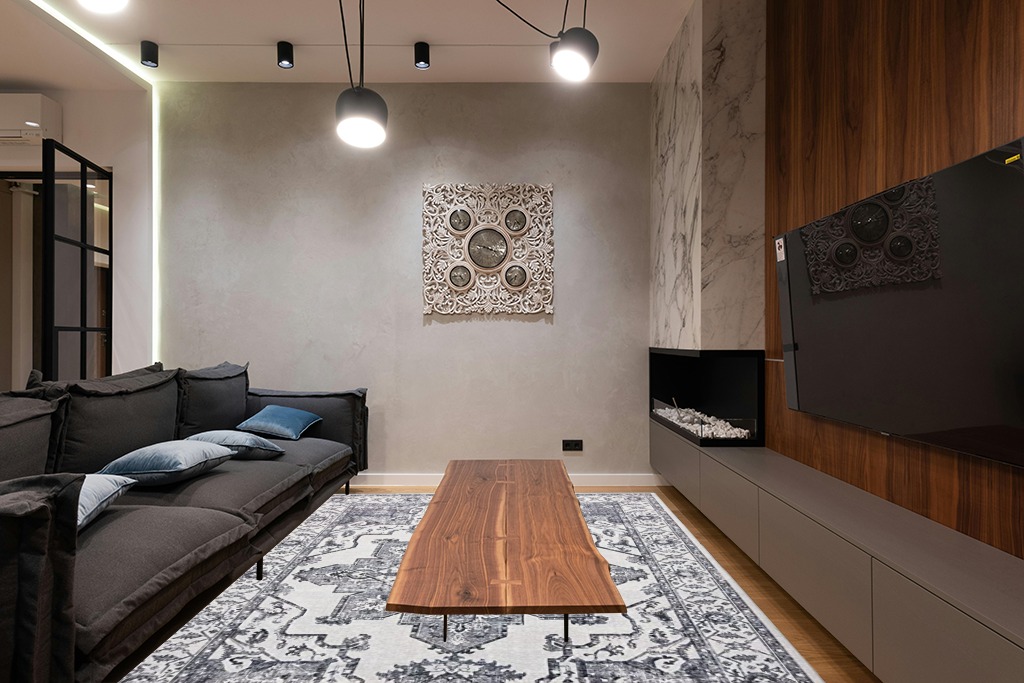 8x10 Washable Large n Distressed Bohemian Non-Slip Area Rugs in Dark Wood Living Room with Black Couch