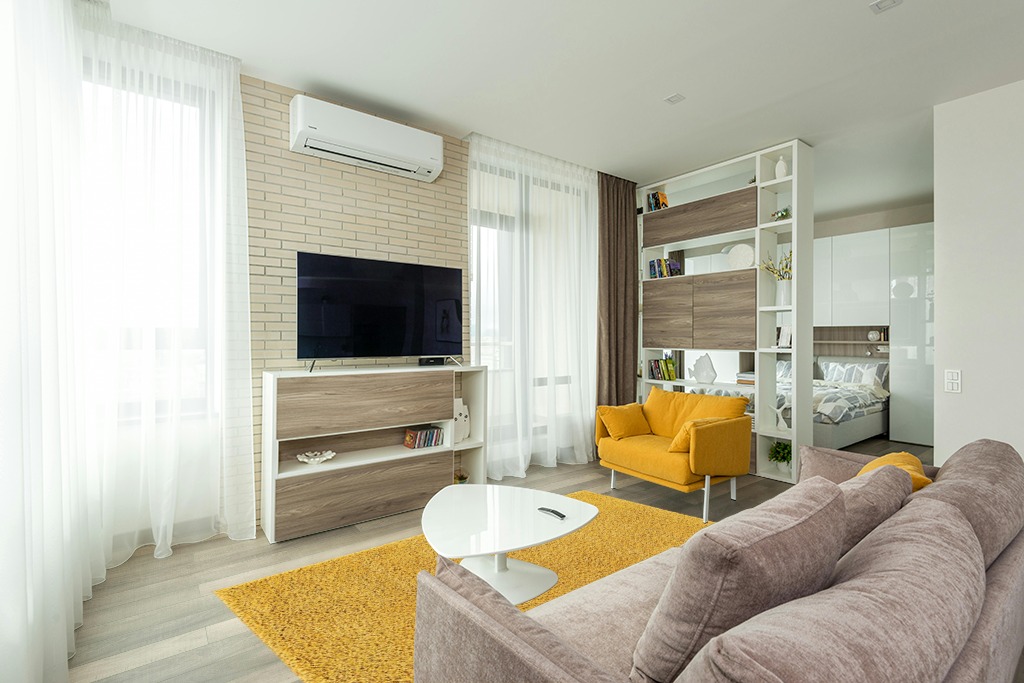 Yellow, 5x8 Feet fluffy rug in Light Modern Living Room with TV