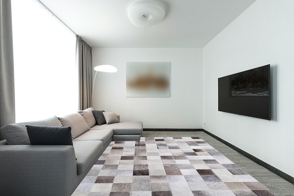 Sunshine Cowhides Cowhide Designer Rug Grey 9x11' in Modern Living Room with Grey Couch