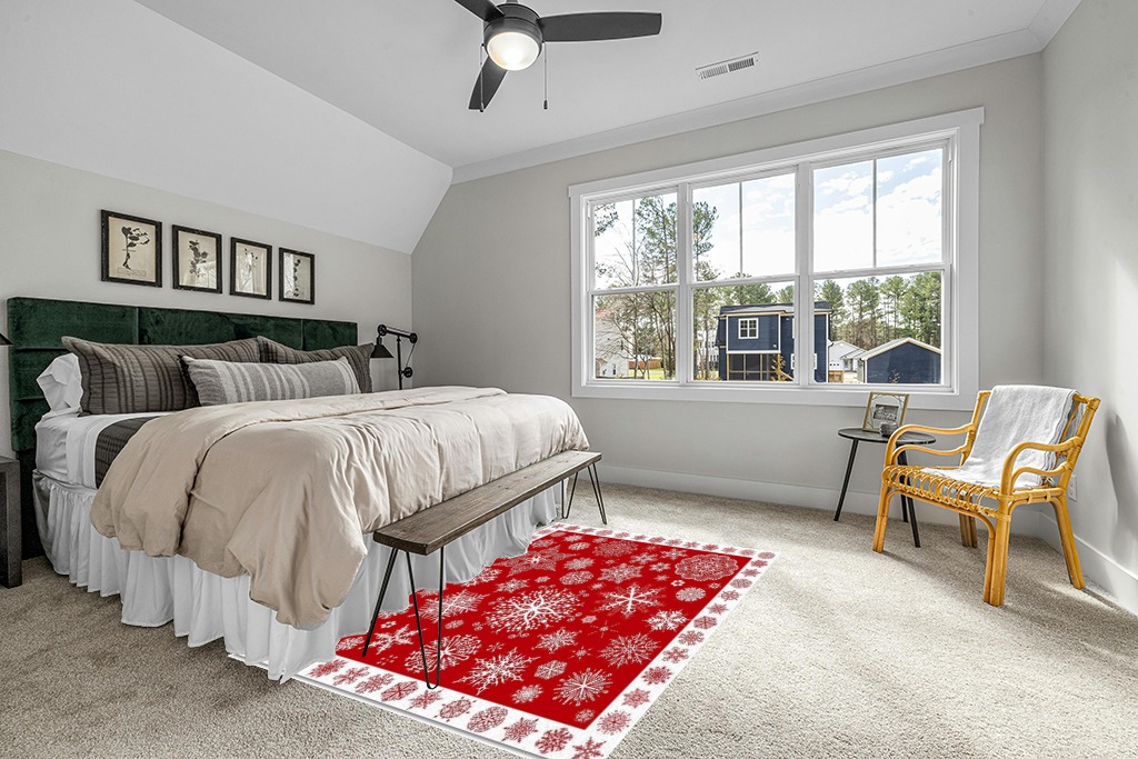 Christmas Area Rug 5 x 8, Washable Bedroom Rug Non-Slip Kitchen Rugs Non Shedding Floor Cover Mat Runner Rug for Living Room Dining Room Outdoor Carpet Seasonal Red Snowflakes Winter Xmas in Grey Traditional Bedroom with King Bed
